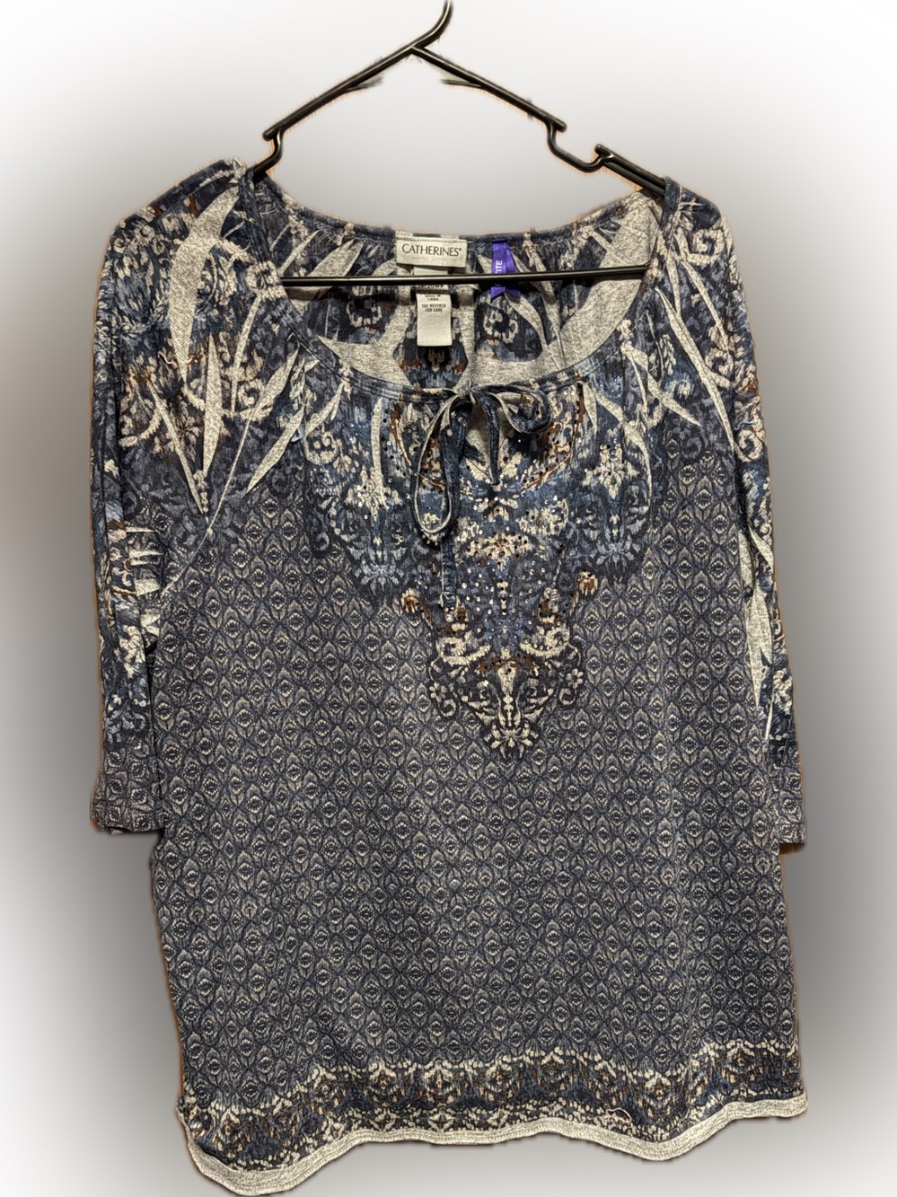 Catherines Blue Printed Tie-Neck Blouse
